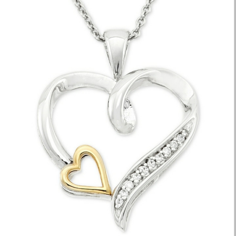 Diamond Accent Double Heart Pendant Necklace in Sterling Silver and 10k Gold